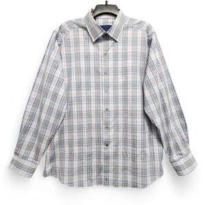 David Donahue Fusion Dress Shirt Mens XL 17.5 Plaid Long Sleeve Button‎ Up